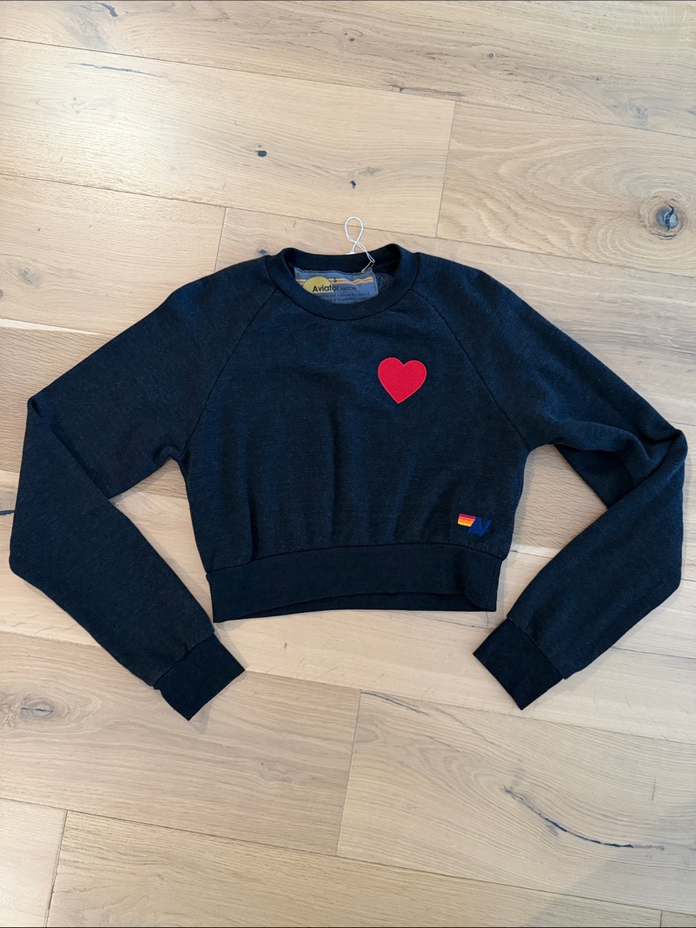 Aviator Nation Black Cropped Crewneck Sweatshirt with Red Heart